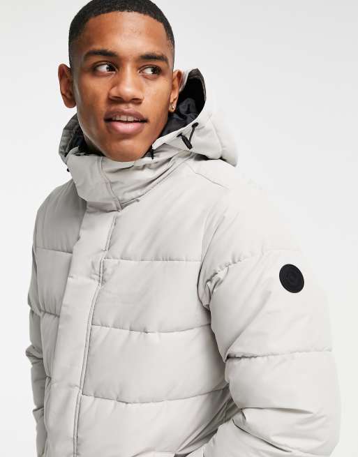 Only & Sons waterproof longline puffer coat with hood in light gray