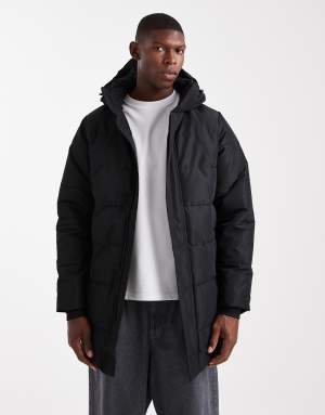 ONLY & SONS waterproof longline puffer with hood in black
