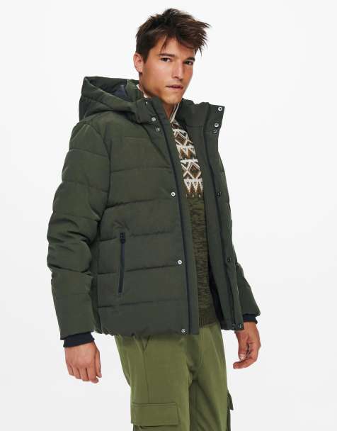 Only & Sons waterproof puffer jacket with hood in khaki - view 1