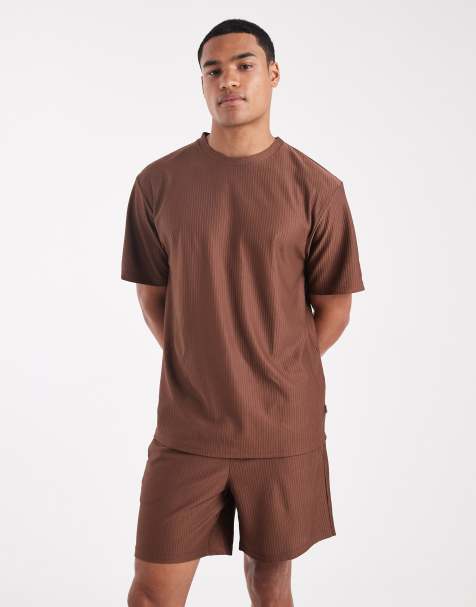 ONLY & SONS plisse pull on short co-ord in brown