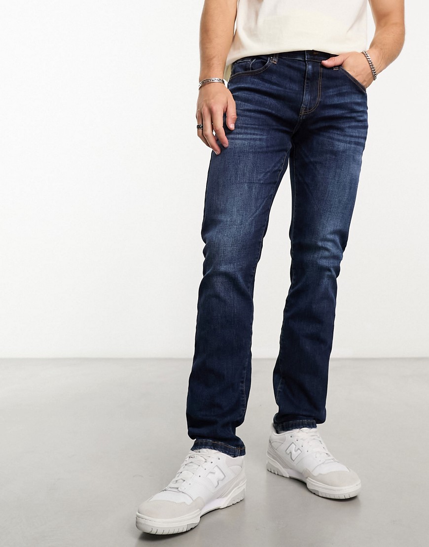 ONLY & SONS weft regular fit stretch jeans in dark wash-Blue