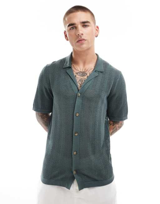 Only & Sons – Weitmaschiges Strickhemd in Blaugrün