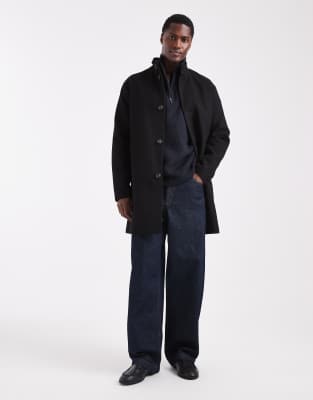 Only & Sons Wool Blend Funnel Neck Overcoat In Black