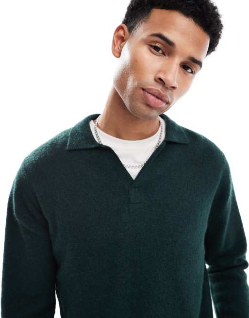 ONLY & SONS wool blend revere collar knit polo in dark green