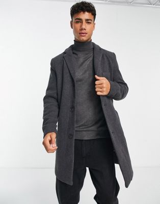 Only & Sons wool mix overcoat in dark grey melange