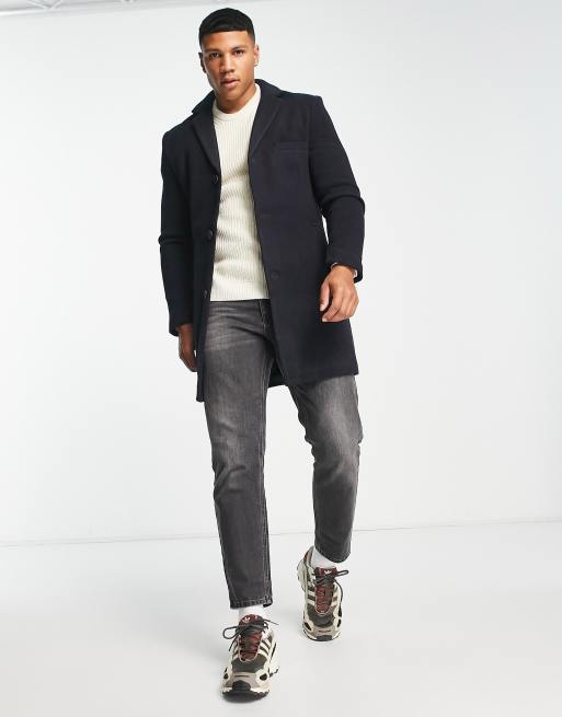 Only & Sons wool mix overcoat in navy | ASOS