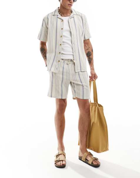 ONLY & SONS woven co-ord in beige & blue stripe - view 1