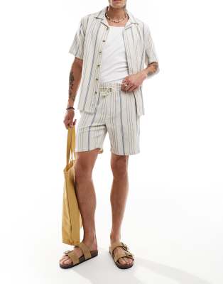 ONLY & SONS woven short co-ord in beige & blue stripe