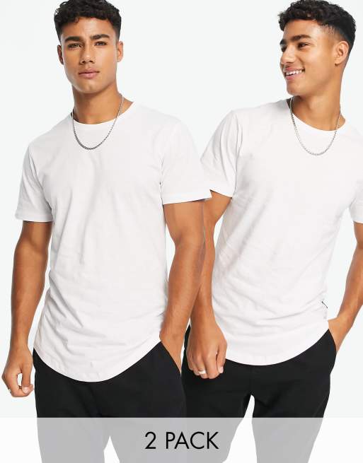 Only & Sons – Zestaw 2 białych T-shirtów o wydłużonym fasonie z zaokrąglonym dołem