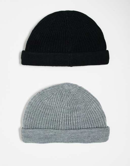 Only & Sons – Zestaw 2 czapek beanie o angielskim splocie w kolorach czarnym i szary melanżowym