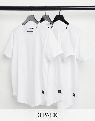 Only & Sons – Zestaw 3 białych T-shirtów o wydłużonym fasonie z zaokrąglonym dołem