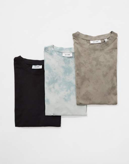 ONLY & SONS – Zestaw 3 T-shirtów o fasonie super oversize w kolorze grafitowym, beżowym i jasnoszarym z efektem sprania