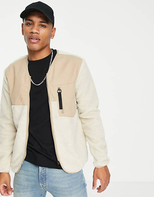 Only & Sons zip through borg jacket with chest pocket in beige