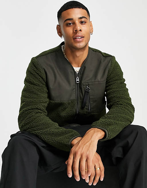 Only & Sons zip through borg jacket with chest pocket in dark green