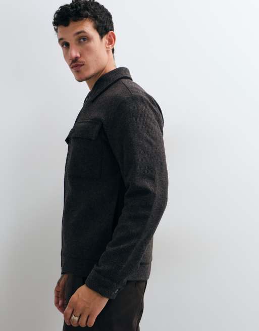 ONLY & SONS zip through collared wool jacket in brown, 4 of 5