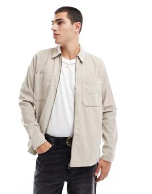 Only & Sons Zip Through Cord Overshirt In Stone-white