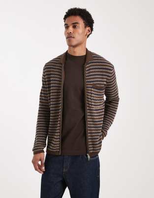 Only & Sons Zip Through Crochet Knit With Pocket In Brown