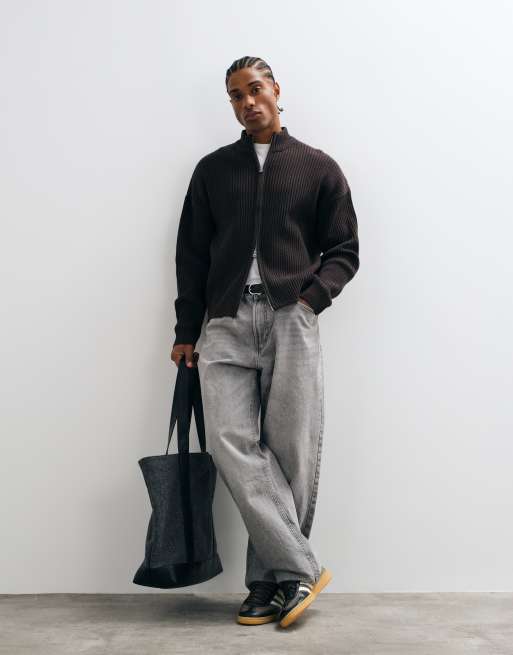 ONLY & SONS zip through high neck cardigan in brown, 2 of 5