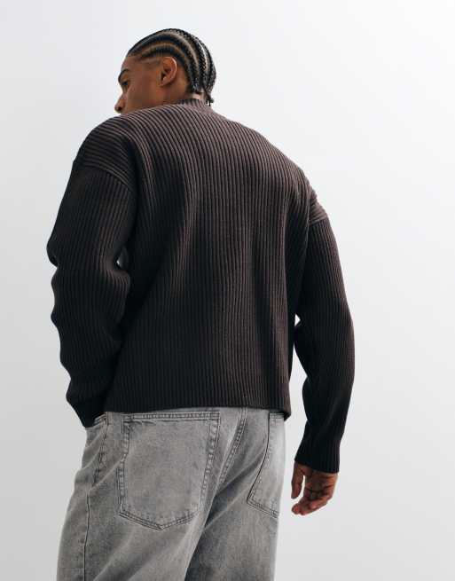 ONLY & SONS zip through high neck cardigan in brown, 3 of 5