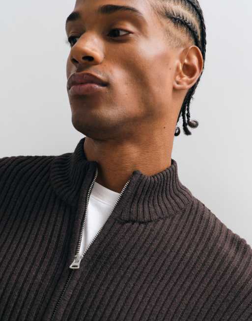 ONLY & SONS zip through high neck cardigan in brown, 4 of 5