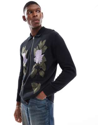 ONLY & SONS zip through knit with floral embroidery in black