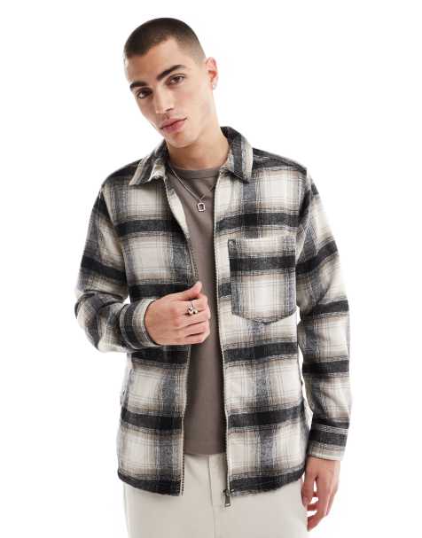 ONLY & SONS zip through overshirt with wool in white and black check - view 1