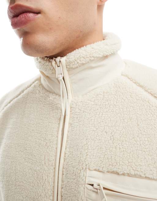 ONLY & SONS zip through sherpa fleece with chest pocket in beige
