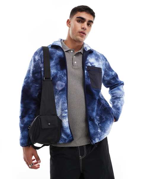 ONLY & SONS zip through sherpa fleece with chest pocket in blue print - view 1