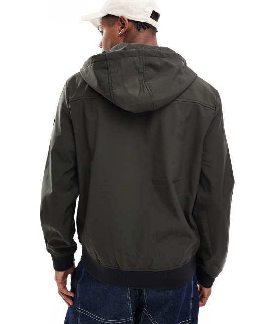 ONLY & SONS zip through soft shell hooded bomber jacket in dark green, 2 of 4