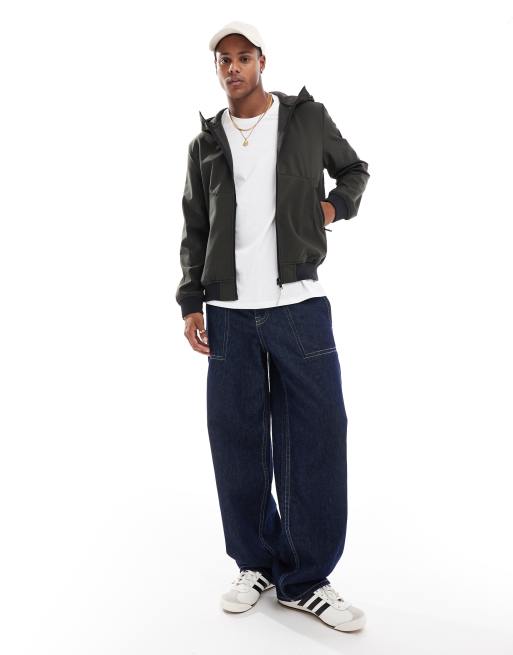 ONLY & SONS zip through soft shell hooded bomber jacket in dark green, 4 of 4