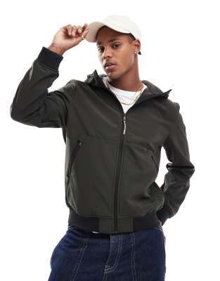 ONLY & SONS zip through softshell bomber with hood in dark green