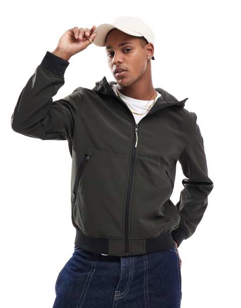 ONLY & SONS zip through softshell bomber with hood in dark green - view 1