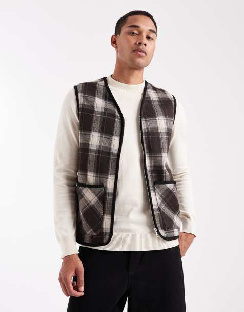 ONLY & SONS zip through vest in brown check - view 1