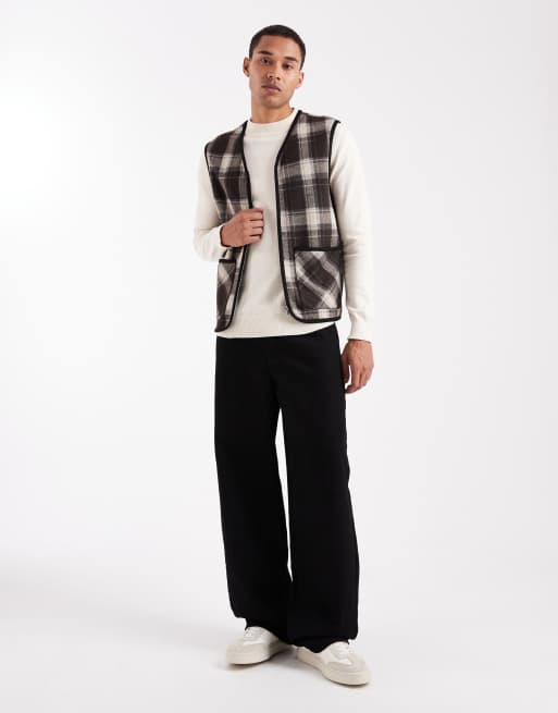 ONLY & SONS zip through vest in brown check, 2 of 5