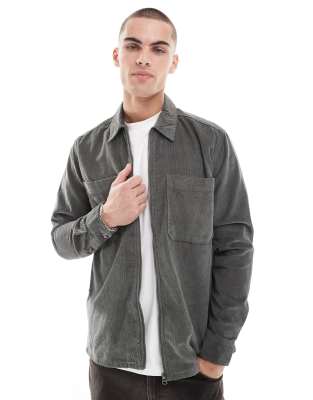 zip up cord overshirt in dark khaki-Gray