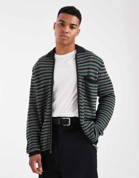 ONLY & SONS zip up crochet knit sweater with pocket in black & green - view 1