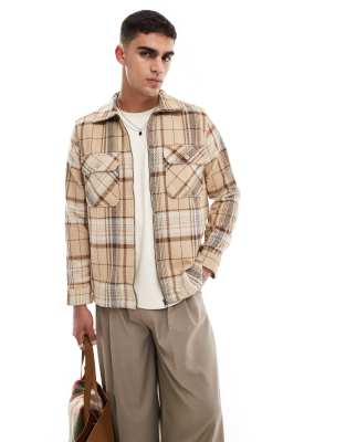 zip up faux wool shacket in beige plaid-Neutral