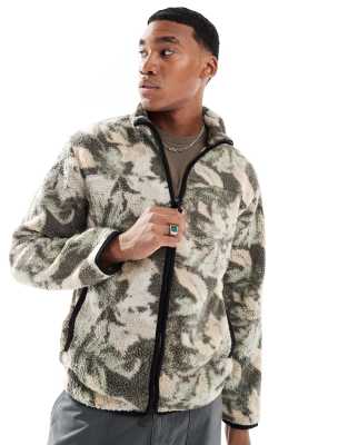 Only & Sons Zip Up Fleece In Green Leaf Print-black