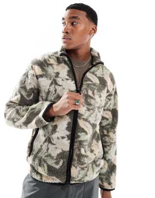 zip up fleece in green leaf print-Black