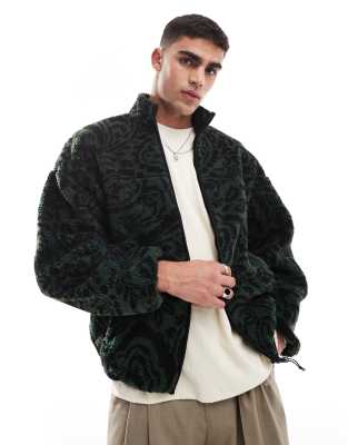 zip up fleece with paisley print in dark green