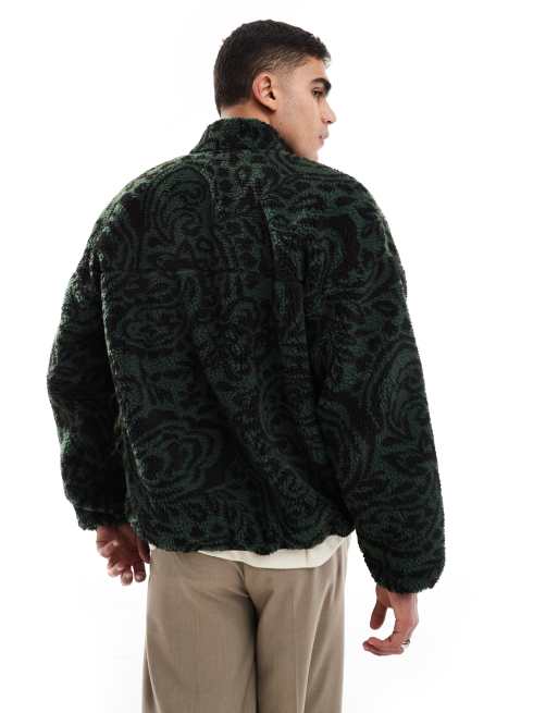ONLY & SONS zip up fleece with paisley print in dark green | ASOS