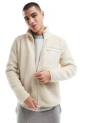 zip up sherpa fleece with chest pocket in beige-Neutral