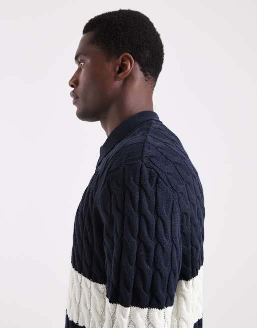ONLY & SONS – Zopfstrick-Polopullover in Marineblau und Weiß gestreift, 4 von 5