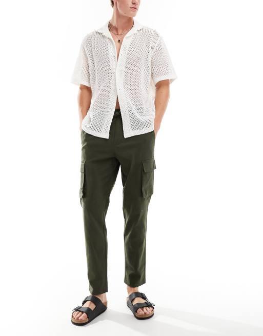 Only & Sons – Zwężane bojówki z domieszką lnu w kolorze khaki 