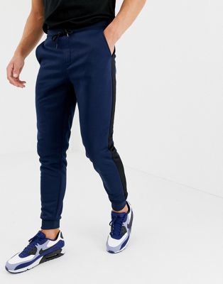 Only & Sons mørkeblå joggingbukser med manchet og sidestriber-Marineblå