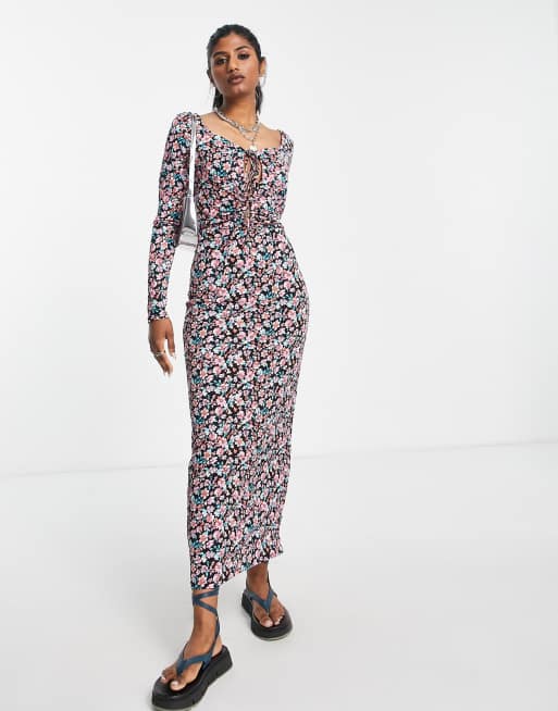 Only - Sort bodycon-maxikjole med bindebånd foran og blomstermønster