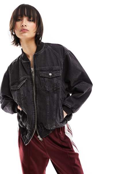 Only - Sort, forvasket og foret bomber-jakke i denim - view 1