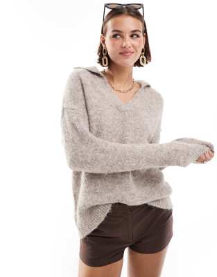 split neck sweater in beige melange-Neutral