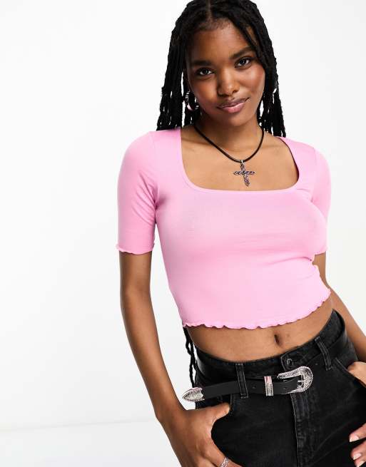 Only square neck cropped lettuce edge t-shirt in pink