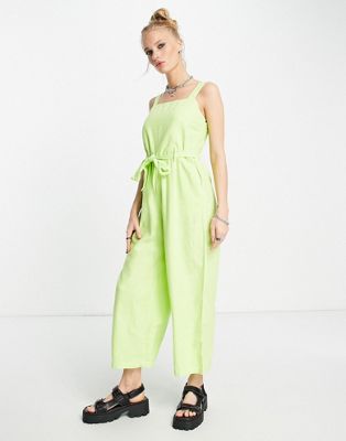 Only square neck linen culotte jumpsuit in green